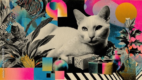 Stylized white cat lounging amidst colorful geometric shapes, tropical leaves, and abstract patterns in vibrant retro graphic design