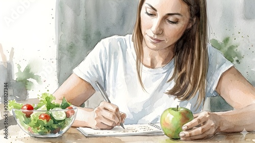  Young Woman Writing in Notebook with Fresh Salad and Green Apple – Healthy Lifestyle Watercolor