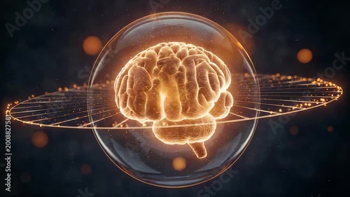 Glowing human brain inside transparent sphere with golden orbit rings, neural activity, science technology and intelligence concept