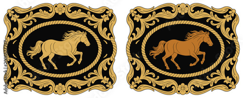Foto Horse label belt buckle vector illustration in western rodeo cowboy ranch style