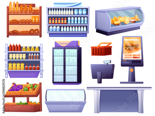 Cartoon grocery store furniture. Supermarket shelves for bakery and fridges with dairy, stall with fruits and vegetables. Cashier desk, self service, nowaday vector set