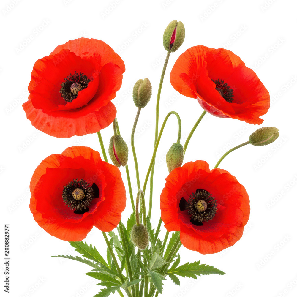 Obraz premium vibrant red poppies with green stems and leaves isolated on transparent background