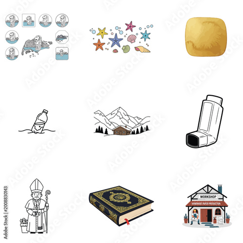 Abstract Nautical Grid Illustration with Starfish and Shells