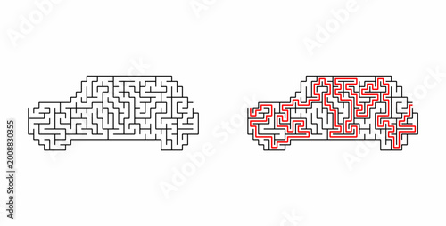 Car shaped maze puzzle with solution path showing red line on white background
