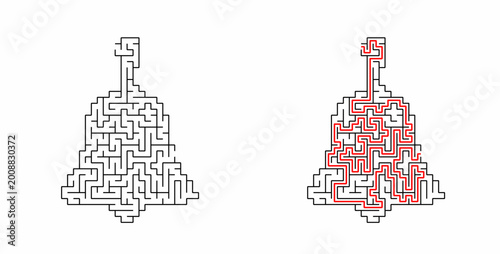 Bell shaped maze puzzle with solution path showing red line on white background