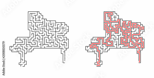 Grand piano shaped maze puzzle with solution path showing red line on white background