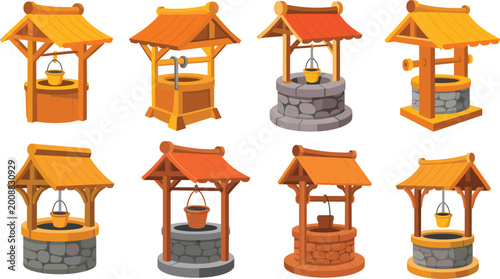 Photos Vector illustration of eight rustic water wells with wooden and stone bases, ora