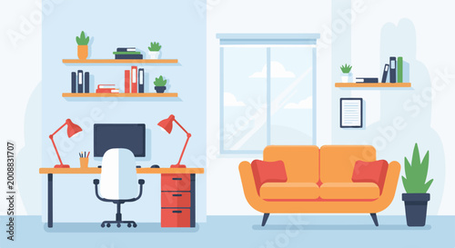 A minimalist, flat-design interior scene featuring a home office setup with a desk, computer, chair, and shelves, opposite a sofa and window