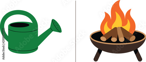 Foto Conceptual vector illustration contrasting watering can with fire pit