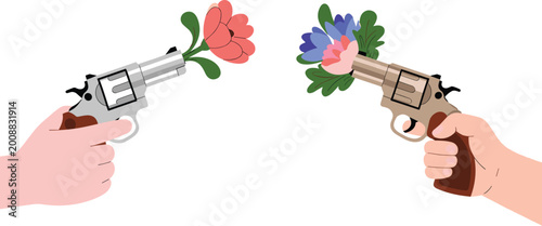 Conceptual vector illustration of revolvers with blooming flowers symbolizing peace and transformation