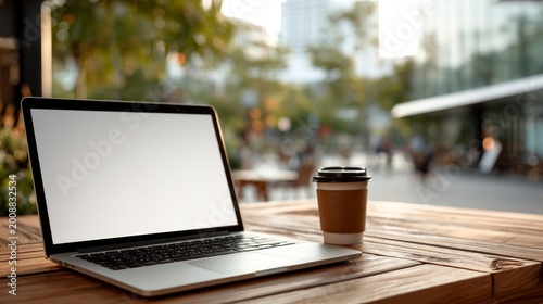 Laptop with blank screen and coffee on wooden table at outdoor cafe. Remote work concept with city bokeh