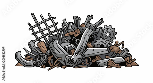 A pile of various scrap metal pieces, including gears, pipes, and rebar