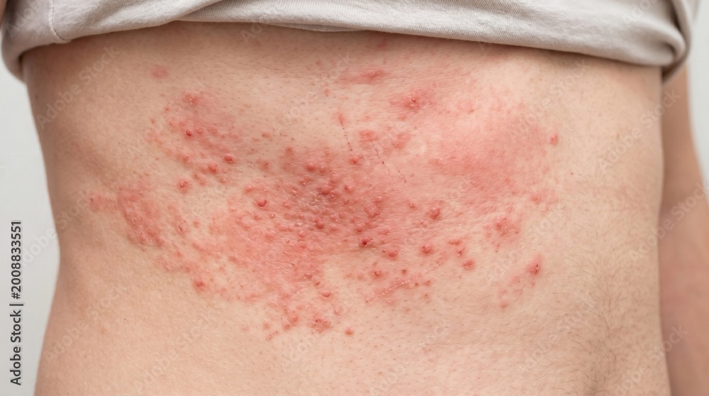Naklejka premium Close-up View of Shingles Rash on Human Skin, Medical Dermatology Concept.