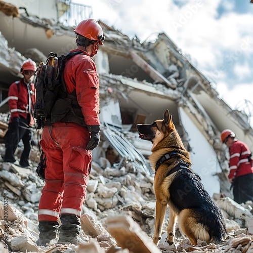 K9 rescue unit working with responders in destroyed structure high resolution picture