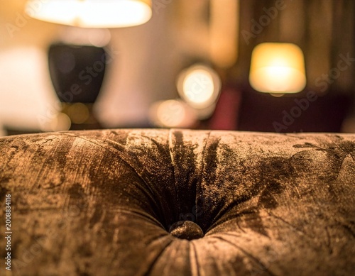 Luxury velvet upholstered furniture close-up with cozy warm ambient lighting in elegant home interior living room