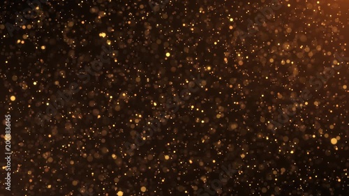 Luxury golden glitter background glowing confetti Sparkling particles magic glittering floor. Shimmering soft bokeh effects. Elegant festive spotlight shimmering particles dramatic presentation scene