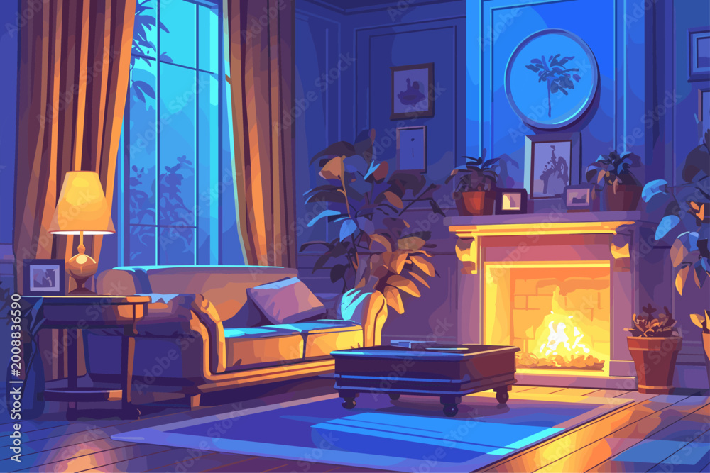 Fototapeta premium Cozy evening living room with fireplace, sofa, lamp, flowers, paintings, house, interior, carpet, table, home, window, night, rest, vector illustration