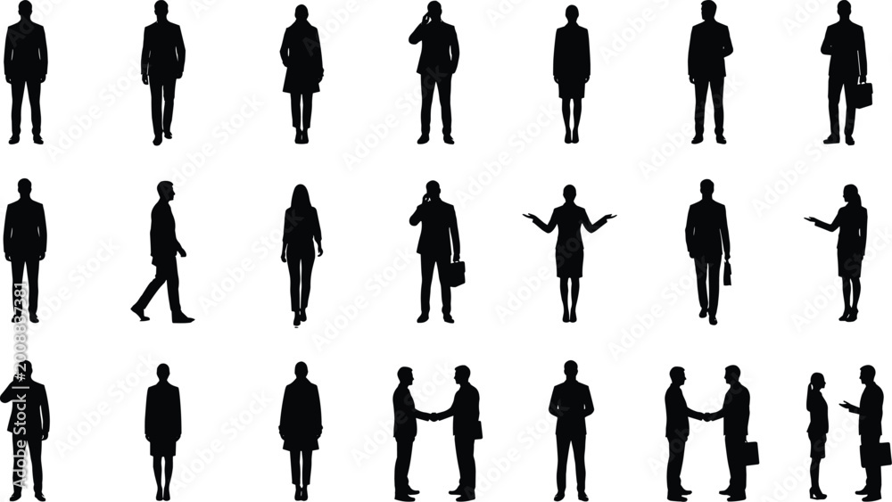 Fototapeta premium Set of professional business people silhouettes featuring men and women in suits walking talking shaking hands and standing in various poses