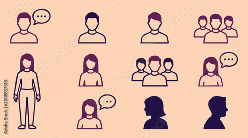User and people icons set: avatars, communication, group, and profile symbols