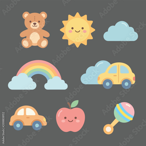 Cute Flat Vector Set with Bear Sun Cloud Rainbow Car Apple Toy for Kids Design