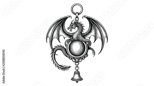 Tableau sur toile dragon pendant with bell and sphere ornament