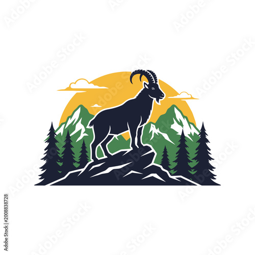 Obraz na płótnie Mountain goat standing on a rocky peak with pine trees and a sunset landscape il