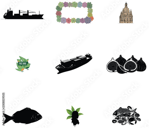 Modern Halftone Industrial Vector Background with Ship and Skyline
