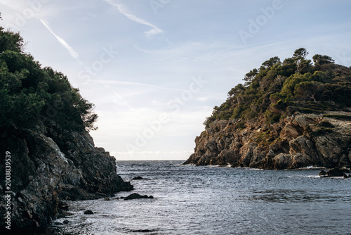 Calanque du Breganconnet rocky cove on Ile de Porquerolles with calm Mediterranean waters, rugged cliffs and pine trees in soft winter light