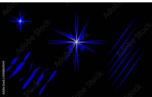 Blue starbursts and lines illuminate the dark space.