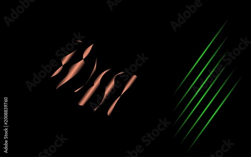 Abstract orange waves meet green glowing lines.