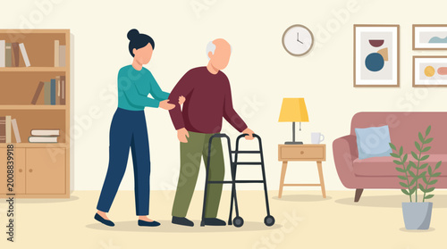 Billede på lærred Caregiver helping senior man with a walker in a home environment
