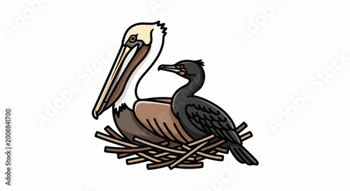 Cartoon illustration of two birds, a large pelican and a smaller cormorant, nesting together