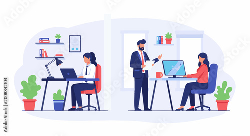 Diverse professionals collaborate in modern office spaces