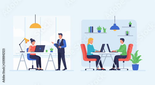 Diverse professionals collaborating and working at desks in modern office spaces