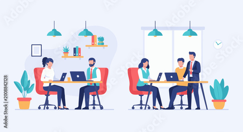 Diverse professionals collaborating and working at desks in a bright, modern office space