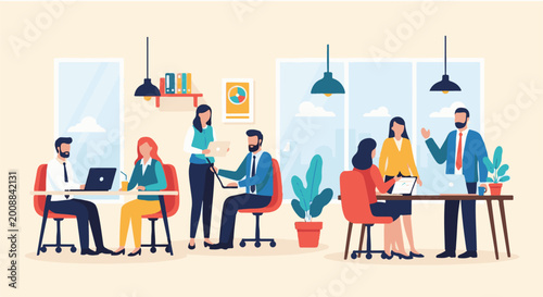 Diverse professionals collaborating and working in a bright, modern office space