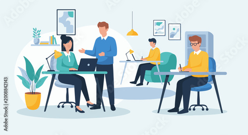 Diverse professionals collaborating and working in a modern office environment with plants and art