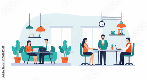 Diverse professionals collaborating and working in a modern office environment with plants