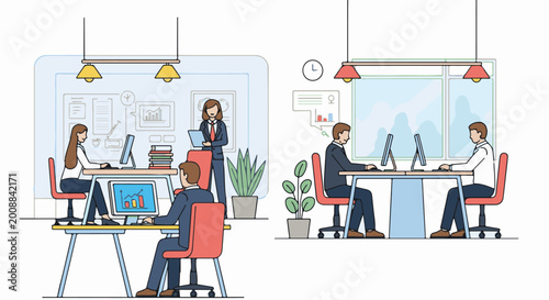 Diverse professionals collaborating and working on computers in a modern office setting
