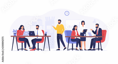 Diverse professionals collaborating and working on laptops in a modern office environment