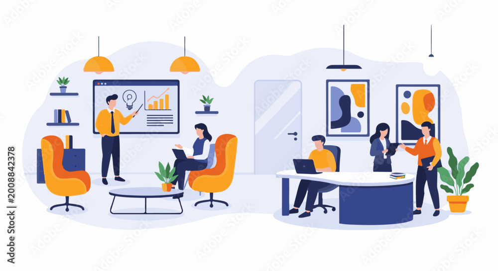 Obraz premium A team collaborates in a modern office setting, with one presenting data
