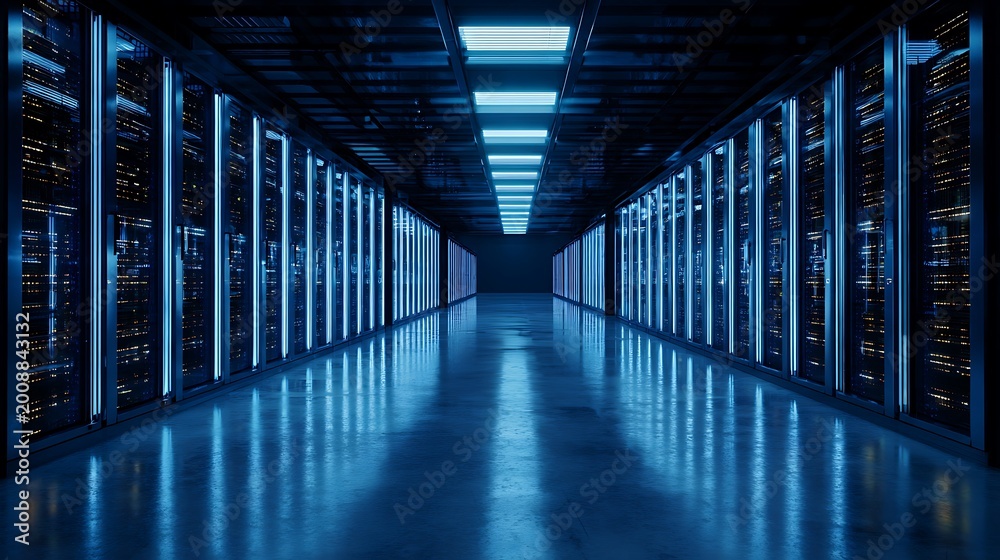 Fototapeta premium Futuristic Server Room with Blue Neon Lights and Reflective Floor.