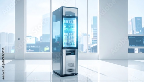 Modern Glass Door Refrigerator Displaying Drinks in Bright Office.