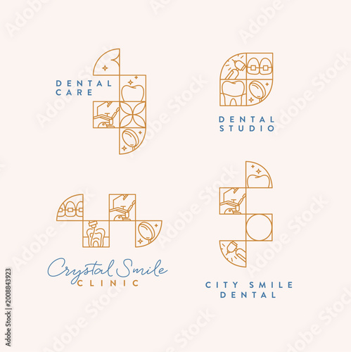 Dentist labels collection with teeth, dental equipment and text inscriptions drawing in linear quadristic style on beige background