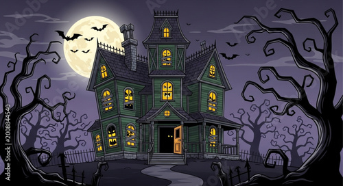 Fotografie Haunted House at Night with Full Moon and Twisted Trees.