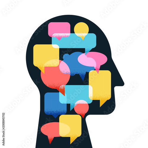 Mental health, psychology concept. Vector illustration of human head profile filled with colorful speech bubbles