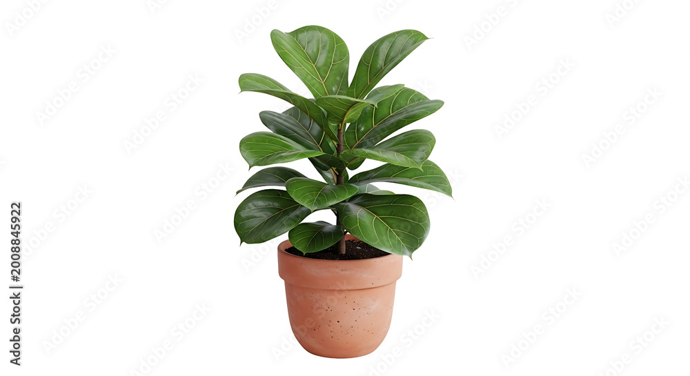 Obraz premium A small, healthy green plant with large, glossy leaves in a terracotta pot. isolated on transparent bakcground, PNG
