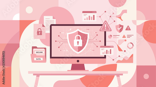 Photos A computer screen displays a security shield with a lock on a desk surrounded by various digital icons and graphs in a modern office