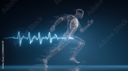 A human figure running with an electrocardiogram (ecg) line, against a blue background.