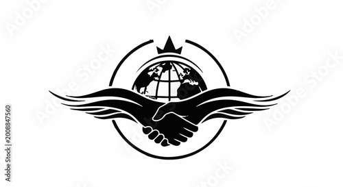 Global partnership symbolized by handshake and wings under a crown.
